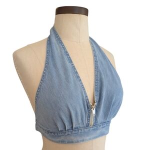 Vintage Foxmoor cotton denim halter top W/ pearl snaps & zipper at bust. Medium